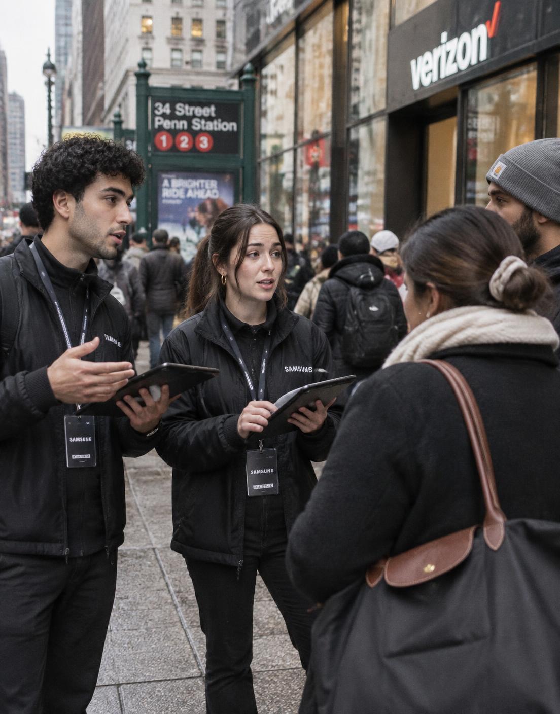 Reps sourcing sales candidates on a New York sidewalk