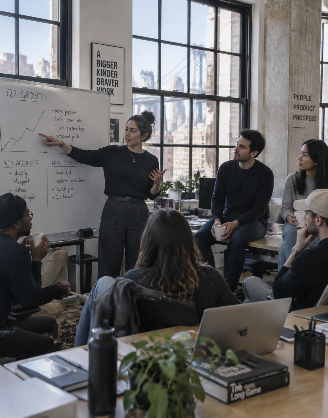 Sales team huddle around a whiteboard in a Tribeca loft