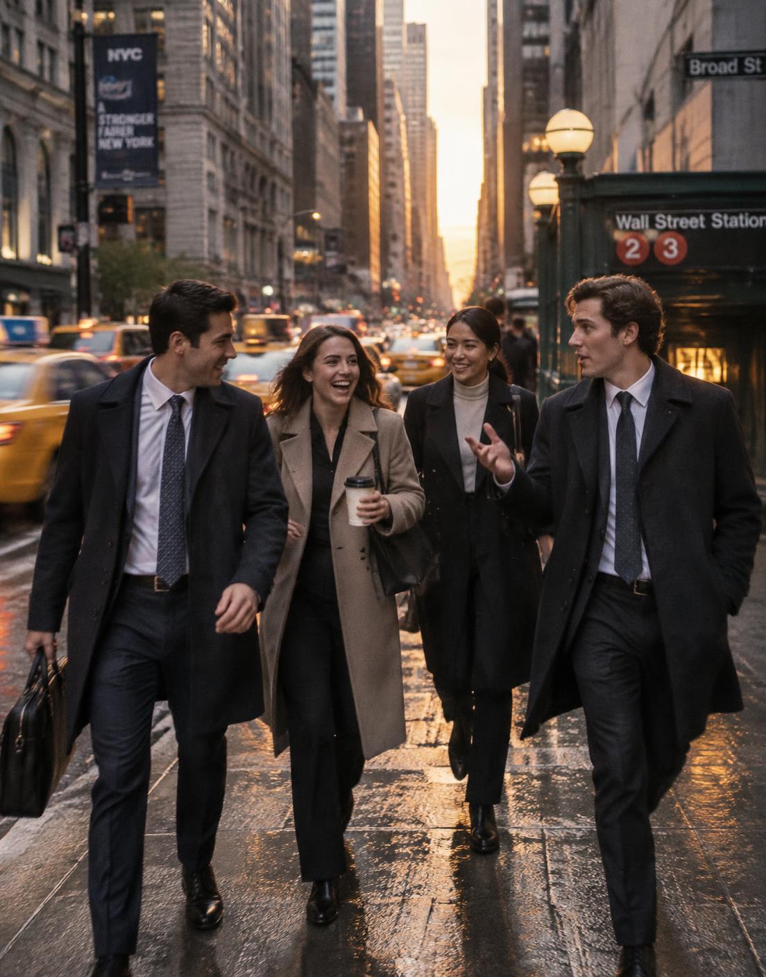 The 4Q team walking through Lower Manhattan at golden hour